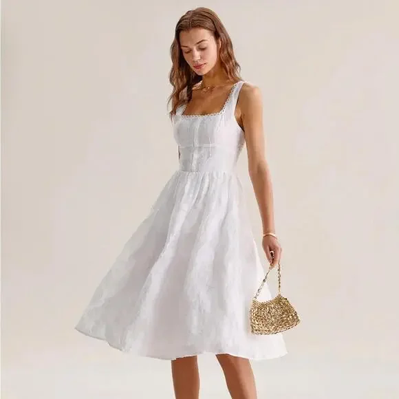 RIHOAS White Jacquard Shirred Slip Midi Dress S - Picture 5 of 6